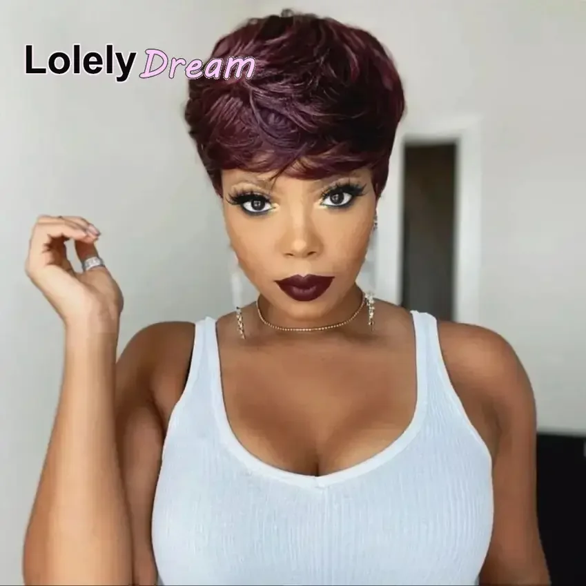 Lolely sonho em linha reta remy perucas de cabelo humano para as mulheres completa máquina feita borgonha 99j cor curto bob pixie corte peruca com franja