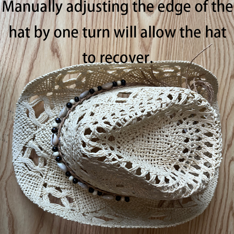 Sombrero de paja de concha bohemia de verano para playa, sombreros de vaquero para hombres y mujeres, cuentas de madera ahuecadas, sombrero de sol de ala ancha occidental, gorra de vacaciones