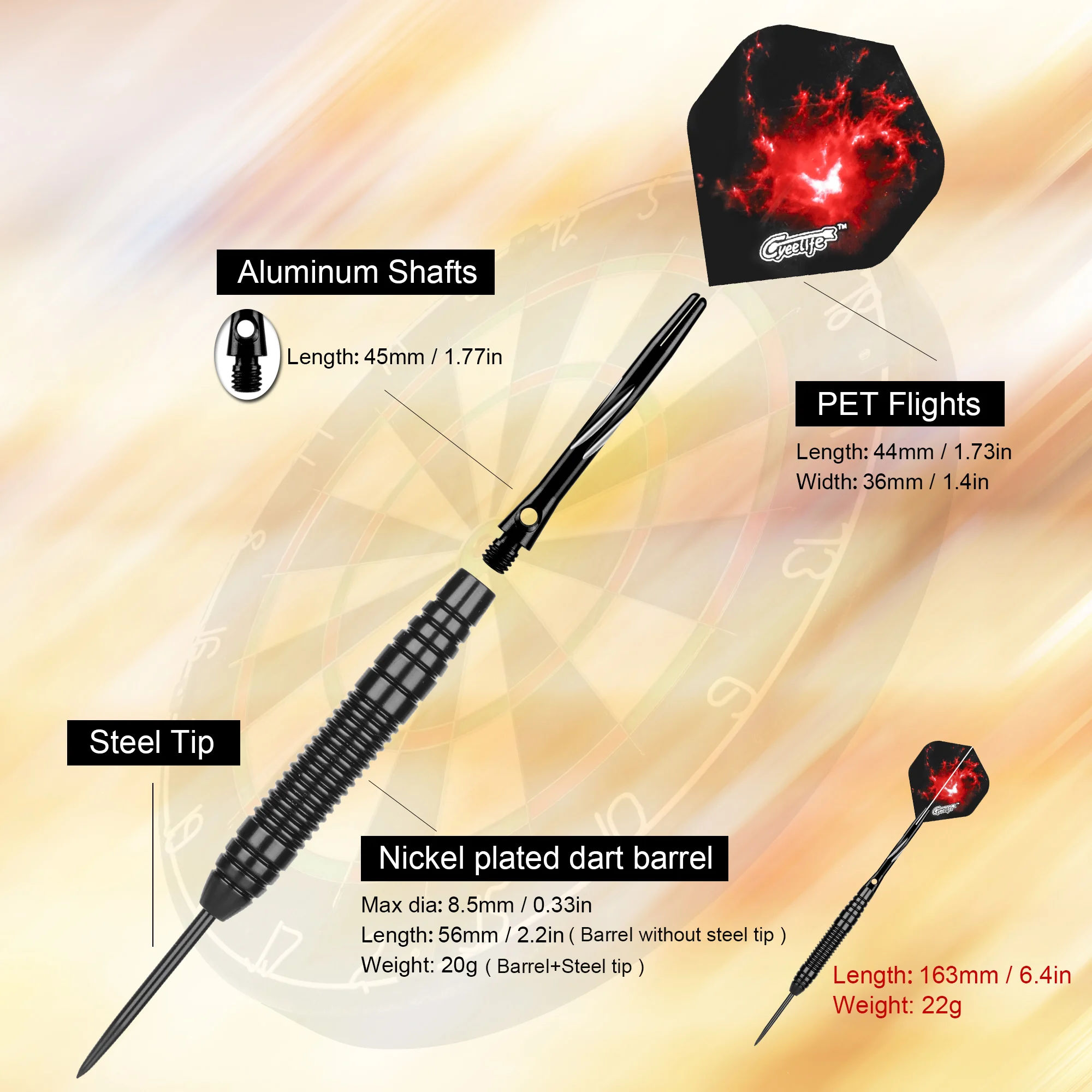 CyeeLife 22g Professional Dart ชุด 3PCS เหล็กลูกดอกเที่ยวบิน Anti-Fall Hard Dart ทองแดงบริสุทธิ์ Dart บินสําหรับ Dartboard