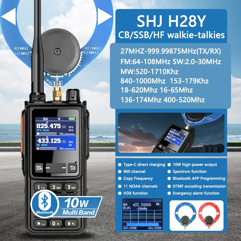 ​ Radio HF portátil SHJ H28Y |   10W de alta potencia |   Cobertura CB/SSB/HF |   960 canales |   Programación de frecuencia inalámbrica BT ​