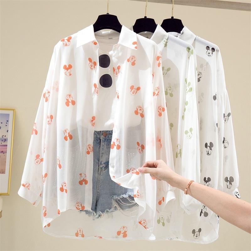 Blusa de Mickey Mouse para mujer, camisa de manga larga para mujer, camisas de playa, ropa de verano de dibujos animados Kawaii de Disney, Top informal para cubrir