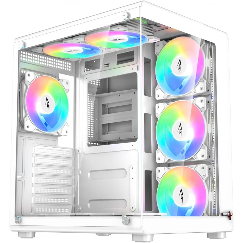 Mid-Tower Gaming Case – Tempered Glass, Includes 6x 120mm ARGB Fans & 10-Port ARGB Fan Hub with Remote, ATX/M-ATX/ITX Support,