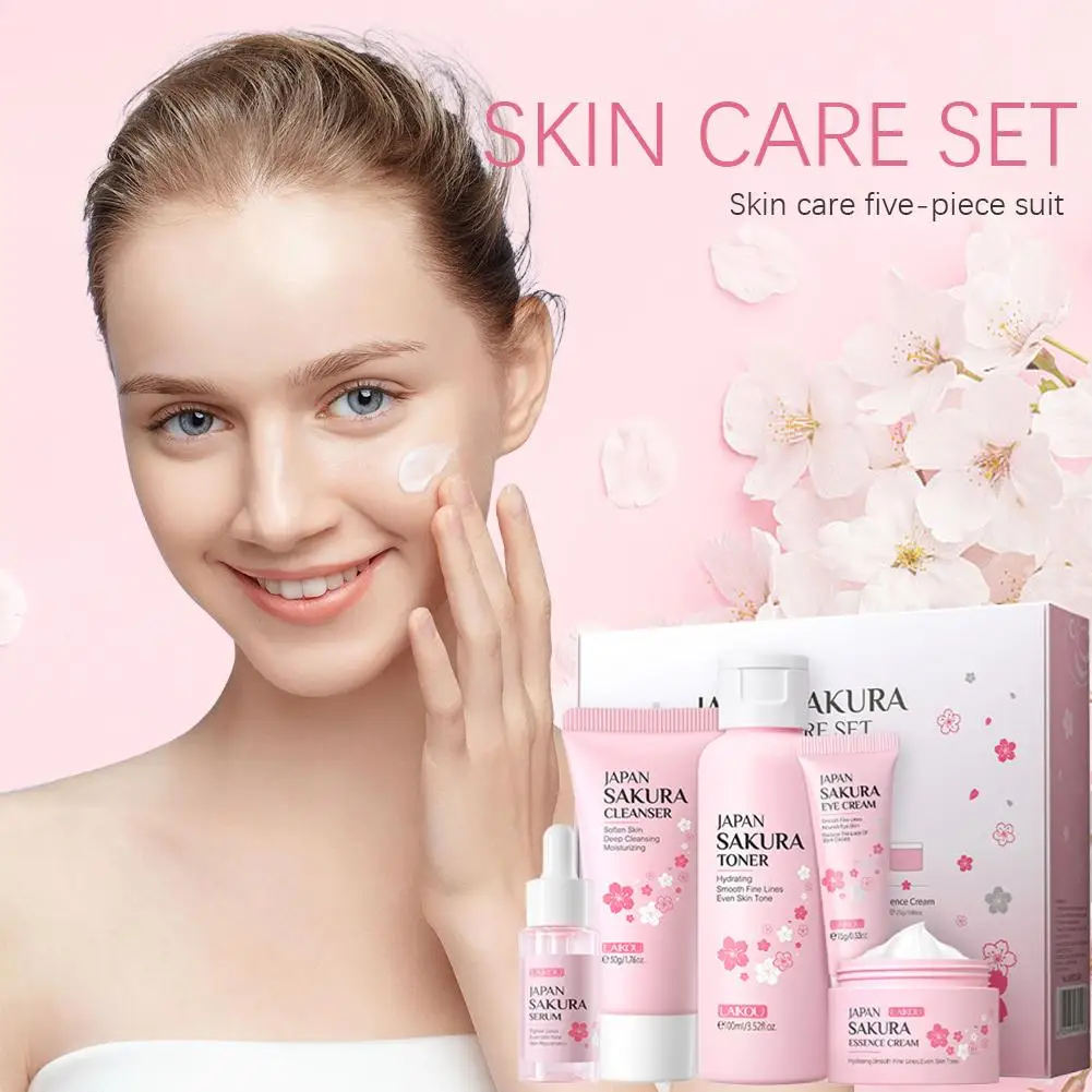 Sakura-フェイシャルスキンケアセット,フェイスクリーム,美容液,フェイシャルクリーナー,アイクリーム,ギフトボックス,フェイス製品,5個/セット