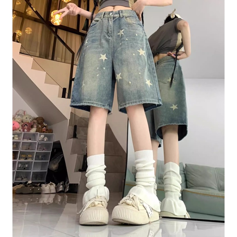 Jean ample à jambes larges pour femmes, imprimé Floral, décontracté, nouveau Design étoile rétro américain, jambe droite, confort, short en Denim doux et extensible