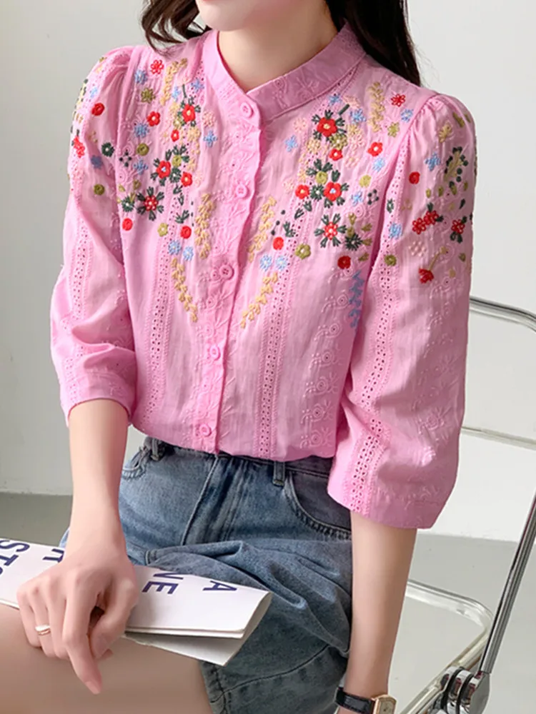 Smthma-女性のための花のジャカードシャツ,新しい,ヴィンテージスタイル,カジュアルでロマンチック,多用途スタンドカラー,夏