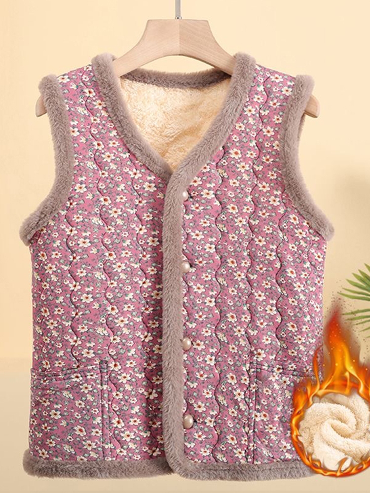 Women's Fleece Lined Slim Fit Vest Thickened Autumn Winter Inner Wear V Neck Print Polyester Fiber Warmth Backless Top