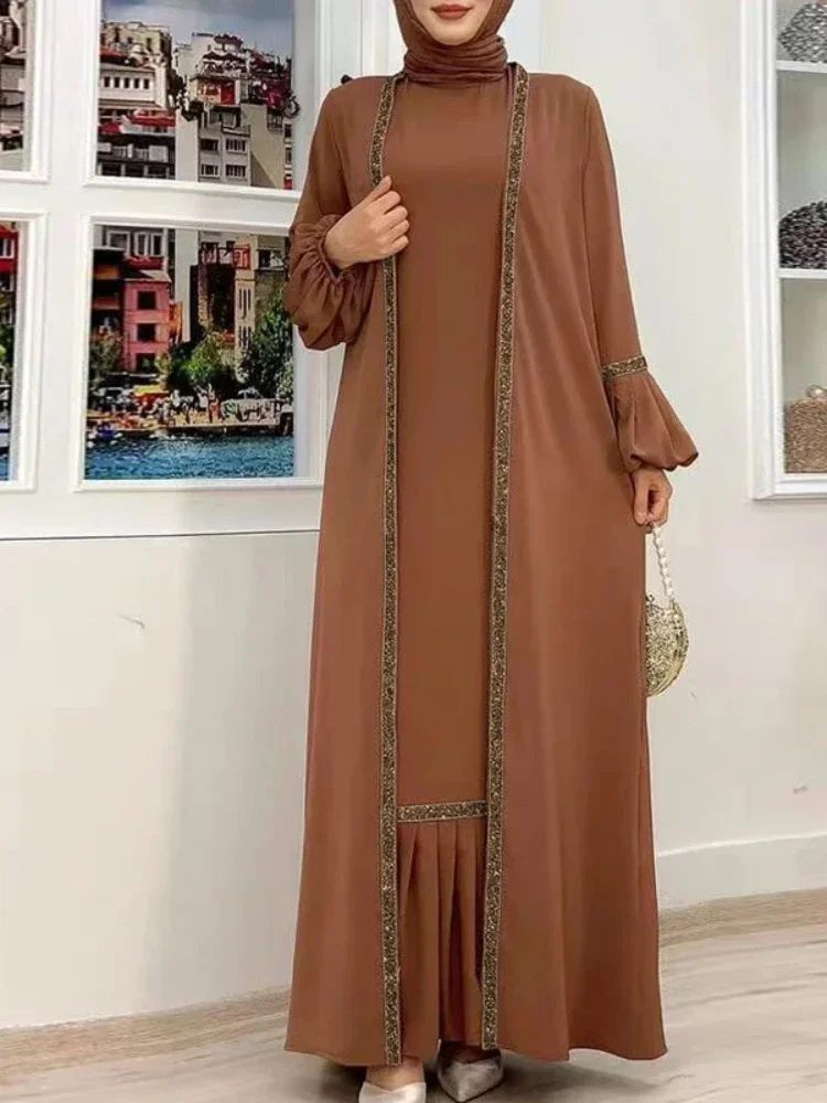 イスラム教徒の女性のためのヒジャーブドレス,2ピースセット,長袖,ランタンマキシ,アバヤ,着物,大きなスイング