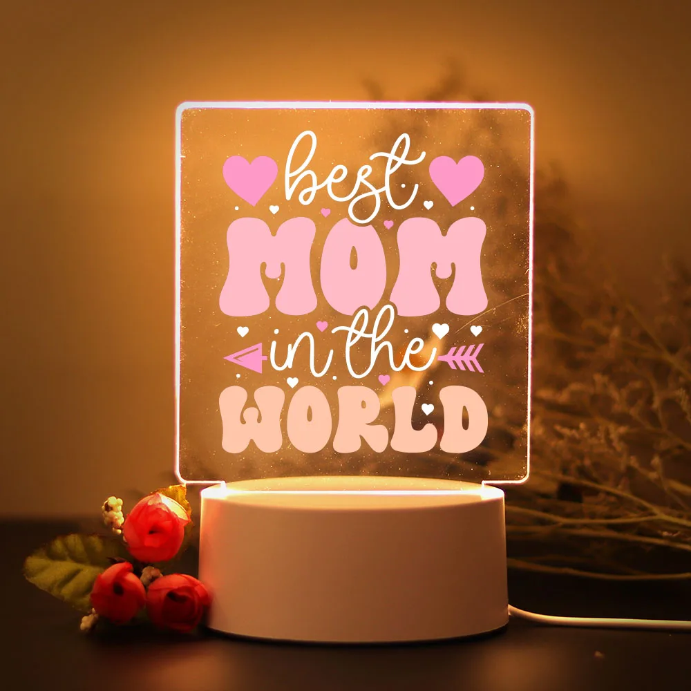 Acrílico LED Night Lamp para a Mãe, Texto Colorido Imprimir, Luz de Mesa, Presente de Aniversário, Quarto, Abajur, Presente Dia das Mães