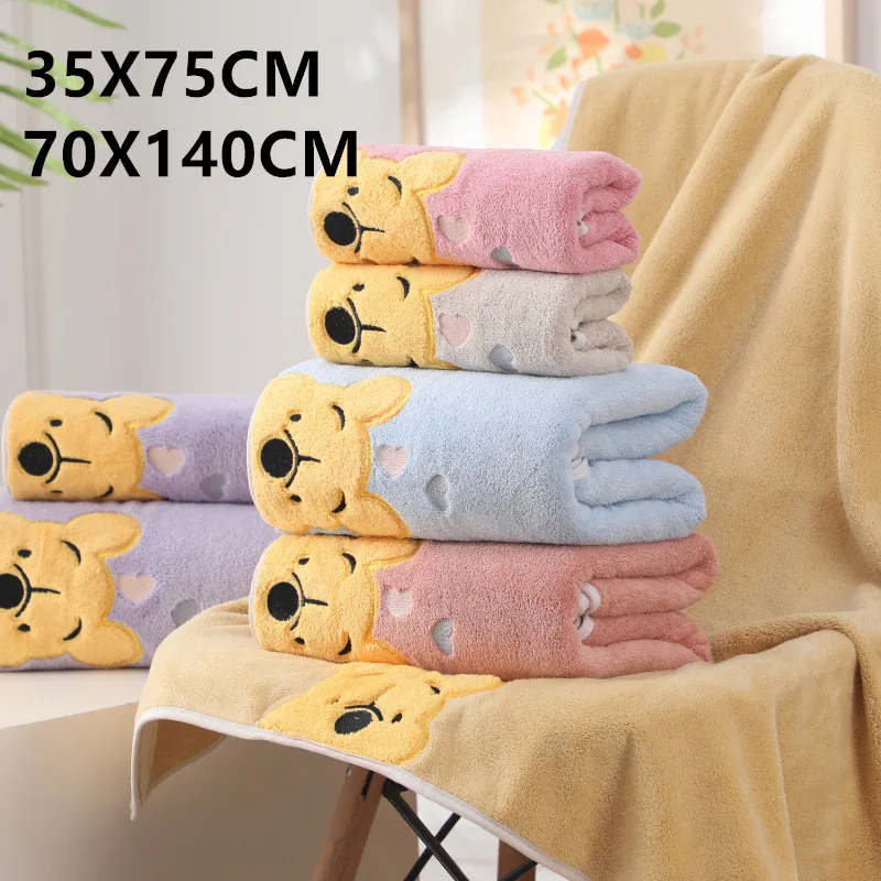 Toalla de baño de Winnie the Pooh de terciopelo Coral bordado de dibujos animados, toalla de baño suave y absorbente para la cara, Toalla de baño deportiva para el hogar