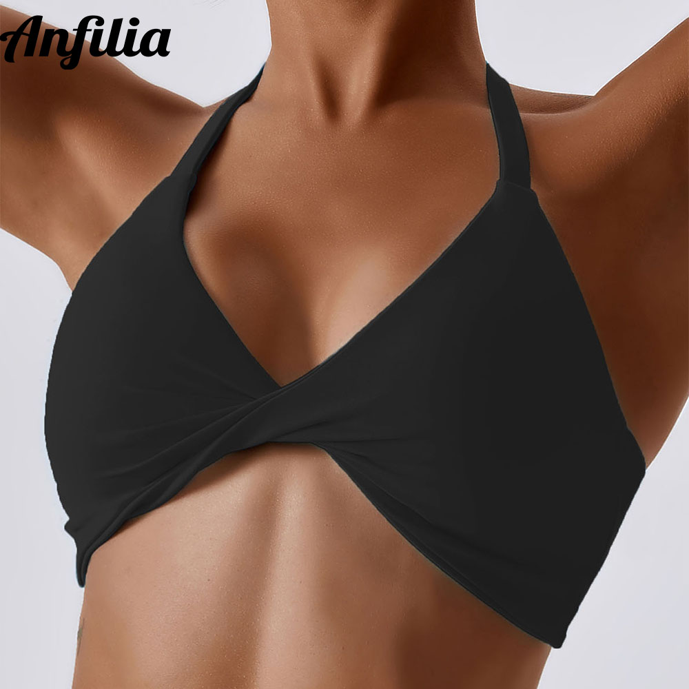 Anfilia-sujetadores deportivos para mujer, Tops lisos con cuello Halter, alta elasticidad, con relleno extraíble, para gimnasio, entrecruzado, con tiras en la espalda, para Yoga y correr