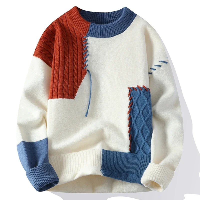 2025 Nieuwe Mannelijke Patchwork Trui Trend High Street Fashion Herfst en Winter Warme Heren Hiphop Straatkleding Heren trui shirt