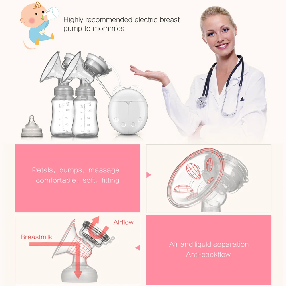 ZIMEITU Doppelte elektrische Milchpumpen, leistungsstarke Nippelaufsaugung, elektrische USB-Milchpumpe mit Babymilchflasche, kaltes Wärmekissen, Nippl
