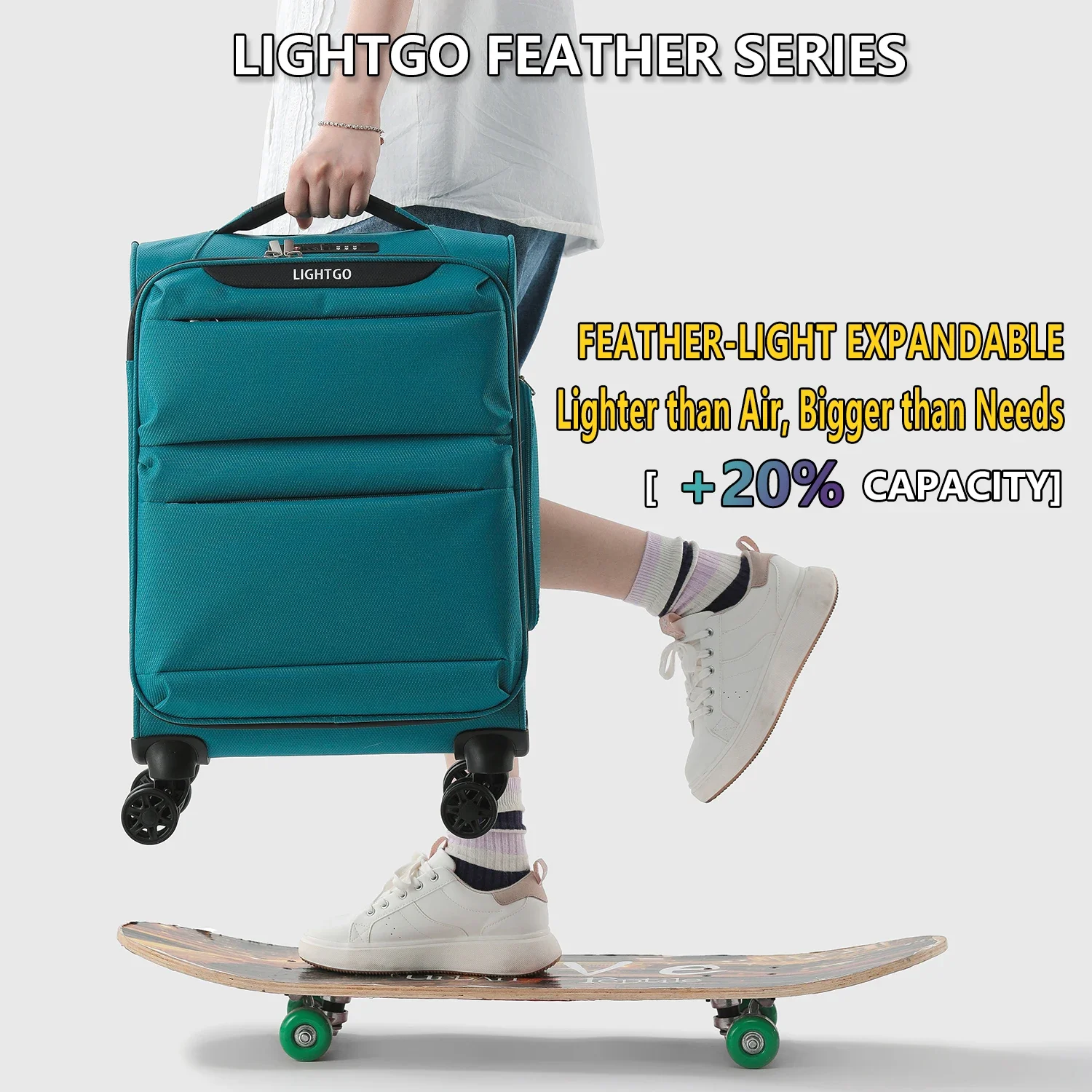 LightGo Ultraleichter, wasserdichter, erweiterbarer Koffer mit großem Fassungsvermögen, 8-Rad-Silent-Spinner, modisches Check-in-Gepäck