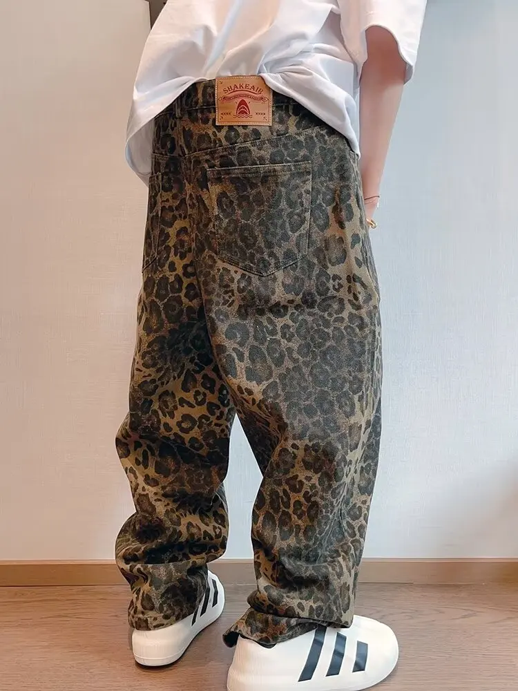 Otoño Tan leopardo Jeans hombres pantalones vaqueros de gran tamaño pantalones de pierna ancha ropa de calle Hip Hop Vintage suelta Casual estampado Animal