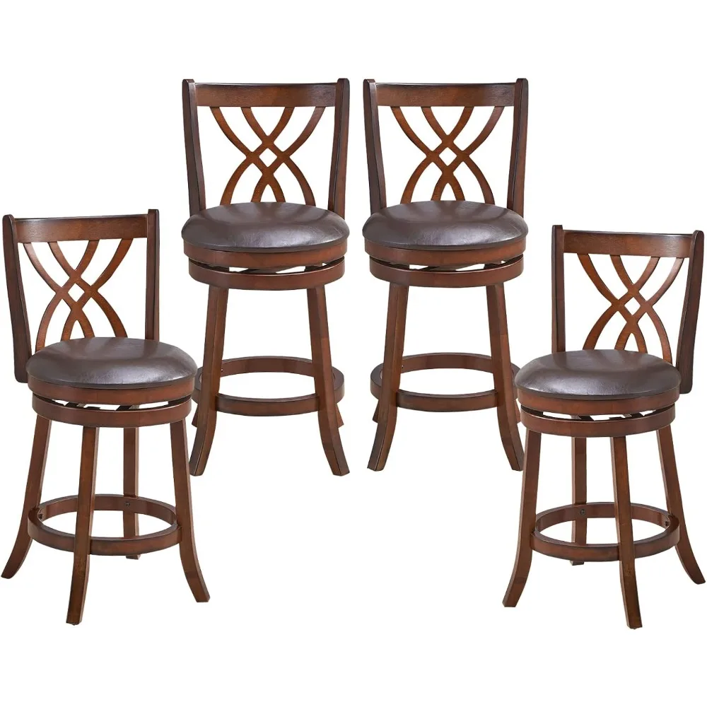 Bar Stools Set of 4, 360° Swivel Chairs with Rubber Wood Frame, 26 in PU Leather Cushioned Seat and Footrests, for Kitch