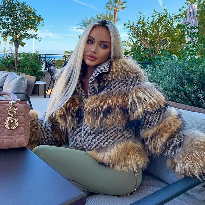 Queentina-女性のアライグマの毛皮のコート,高級ジャケット,自然な服,冬のアウター,新しいファッション,高品質,2024