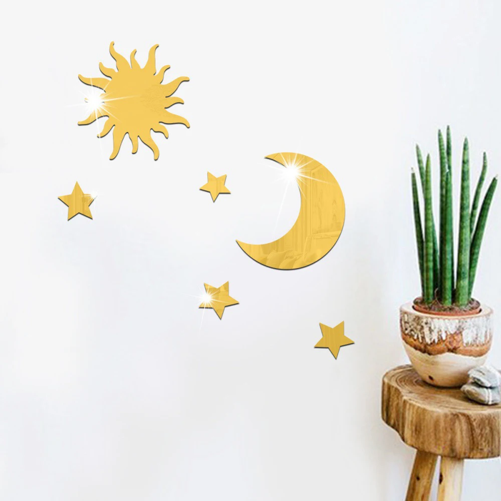 6 pçs estrela lua combinação espelho acrílico estéreo auto adesivo diy quarto sala de estar pode ser removido adesivos de parede