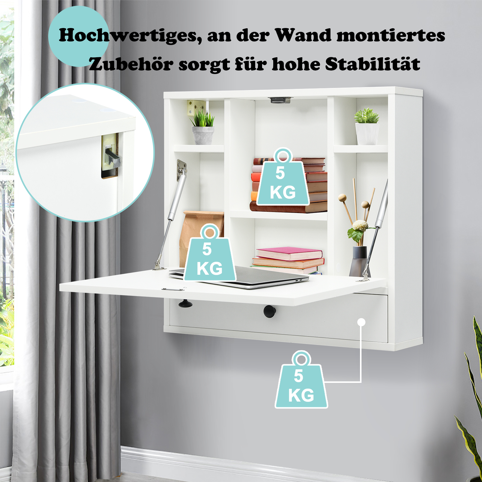 Wandklapptisch, Wandtisch mit Ablagefächern & Schublade, Klapptisch, klappbarer Computertisch, Schreibtisch fürkleine Räume