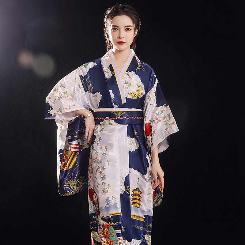 Tradycyjna japońska suknia kimono z Obi kobiety panie Geisha Haori Yukata Kimono suknia garnitur nadruk kwiat przewiewne sukienki kostium
