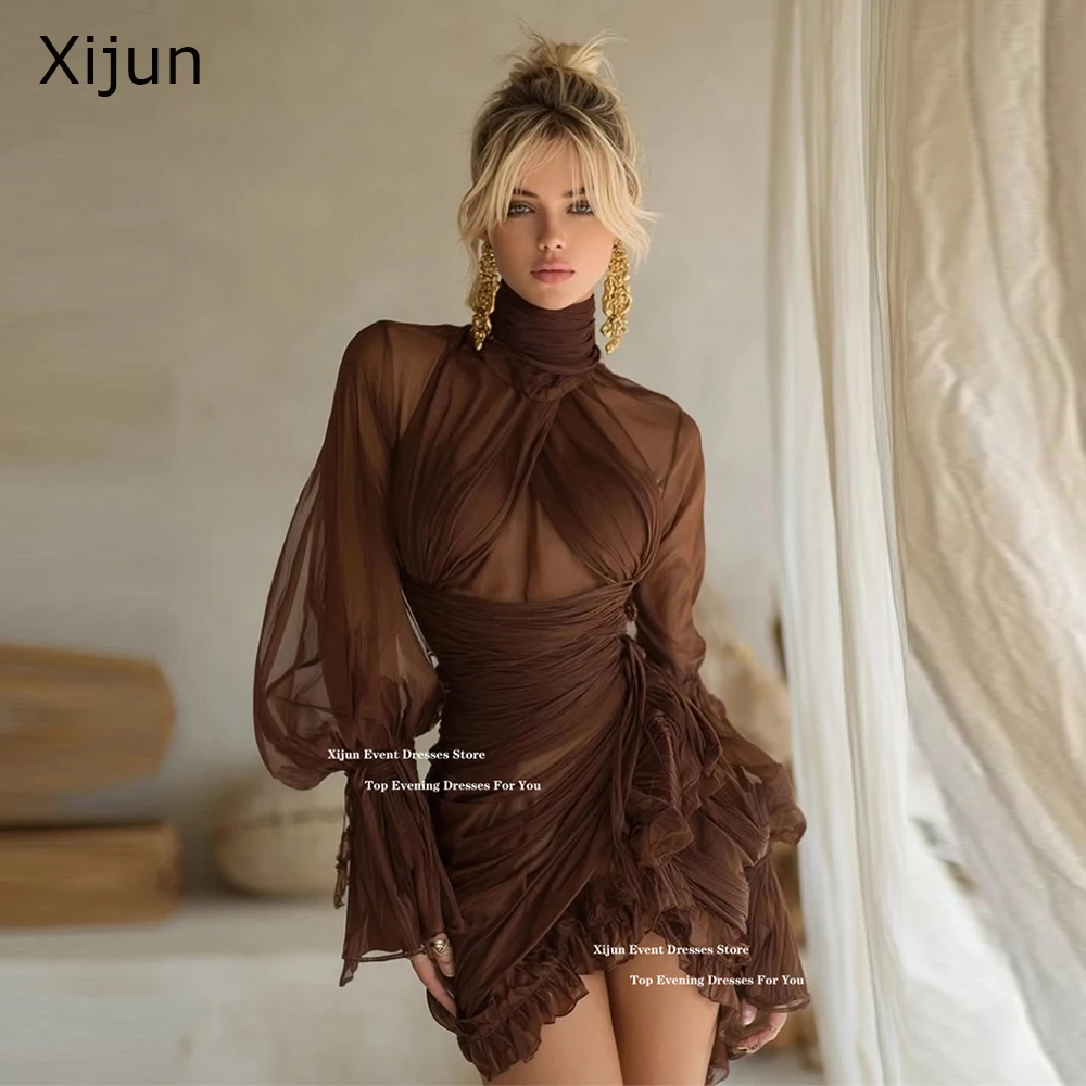 Xijun Modern Brown Short Evening Dresses Chiffon Full Sleeves High Collar Cocktail Dresses Pleated Birthday Party Gowns Customiz