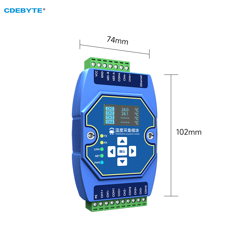 Temperaturerfassungsmodul 4-Wege PT100 RTD Ethernet RS485 mit OLED-Display CDEBYTE ME31-XDXX0400 Unterstützt Modbus