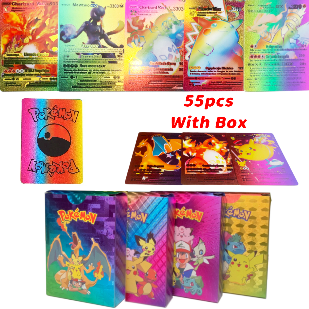 55 Uds Pokemon tarjeta de lámina dorada colorida Pikachu Charizard Arceus diamante Arco Iris inglés francés español alemán VMAX GX VSTAR tarjetas