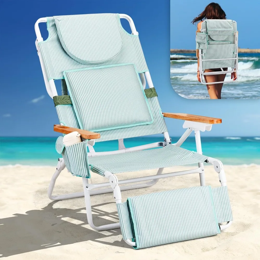 Deluxe 3 in 1 Beach Chair, Tanning Chair with Face Hole, Portable Reclining Lounge with Foot Rest, Cup Holder and Storage Bag