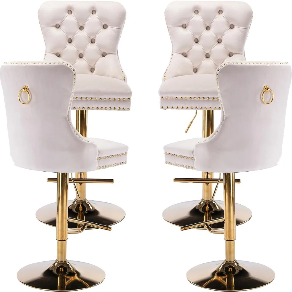 Beige Velvet Swivel Bar Stools Set of 4 with Upholstered Back, Adjustable Counter Height Barstools, Bar Chairs for Home Bar Kitc