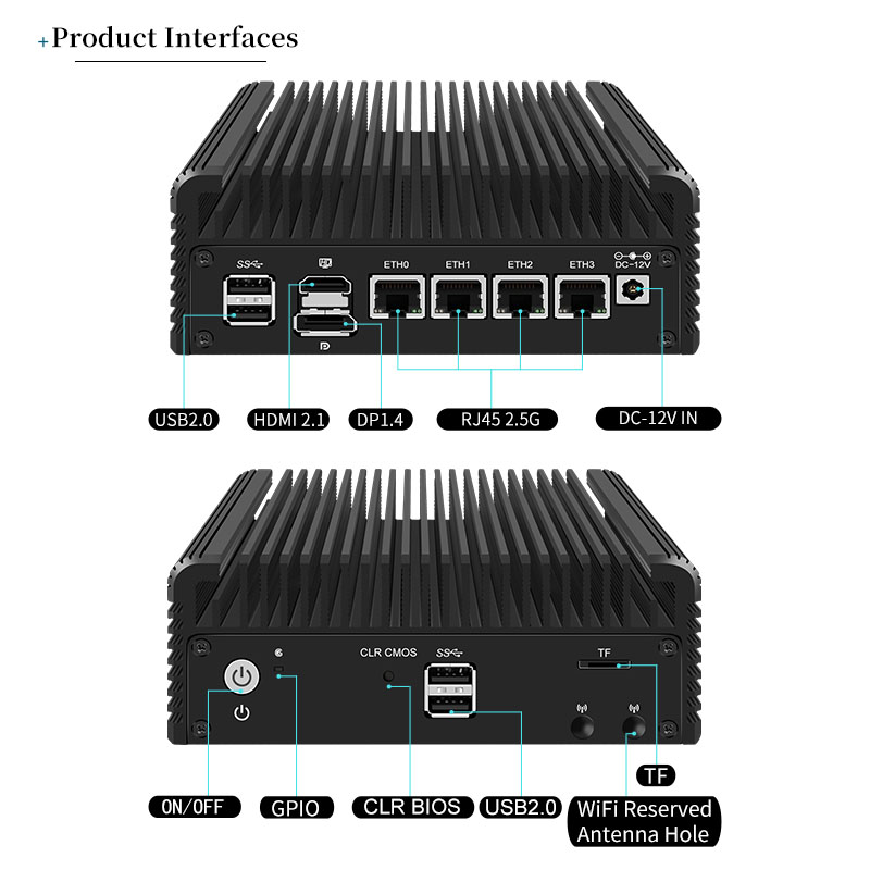 Mrroute 팬리스 미니 PC, N100, N200, i3-N305, DDR5 16G + SSD 256G 미니 컴퓨터, 4 이더넷 랜 DP 및 HDMI 듀얼 디스플레이 Win11
