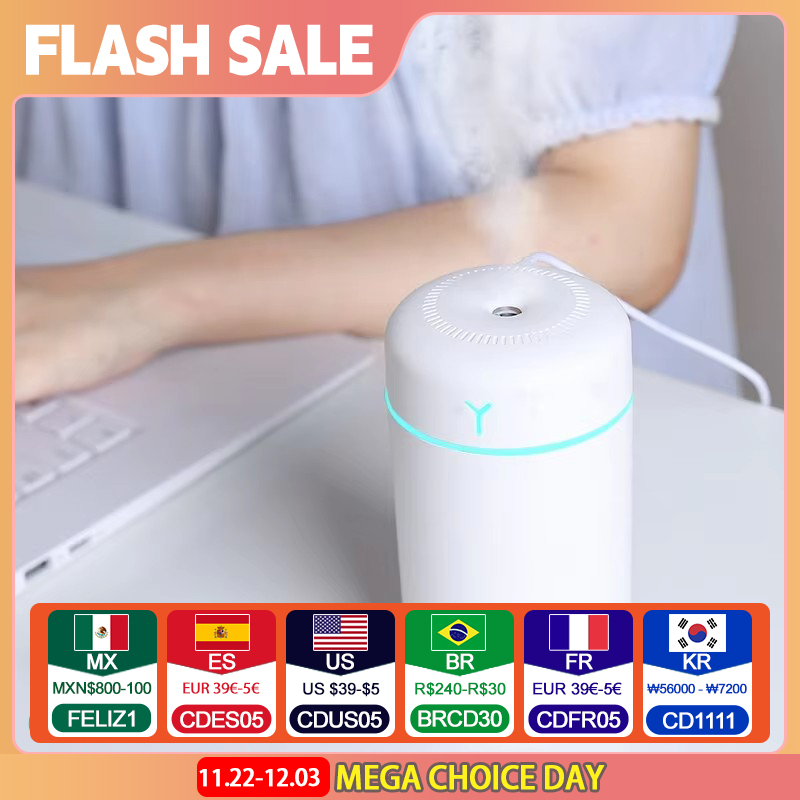 Umidificador de ar portátil com lâmpada noturna LED, Umidificador Aromaterapia para Casa e Carro, Pulverizador USB, Lâmpada noturna colorida, 1 PC, 390ml