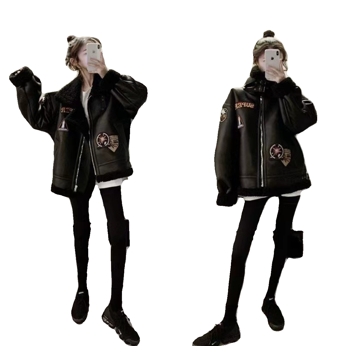 女性のフェイクラムファー PU レザージャケット肥厚冬コートストリートスタイル長袖ストレートカットバイカーベストインスタイルアウター