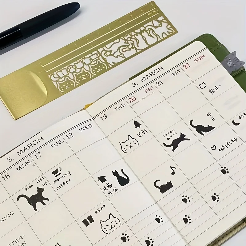 Marcapáginas de doble cara con patrón de gato bonito, regla, 1 ud. | Papelería precisa para diario, libro de planificación, herramienta de papelería creativa para tomar notas