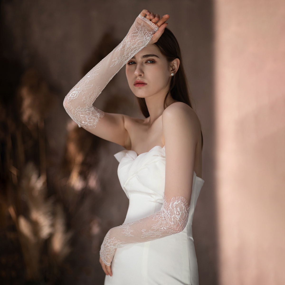 WG103 웨딩 신부 수제 장갑 속눈썹 레이스 흰색 긴 핑거리스 여성 미인 대회 댄스 파티 Sleevelet 수행