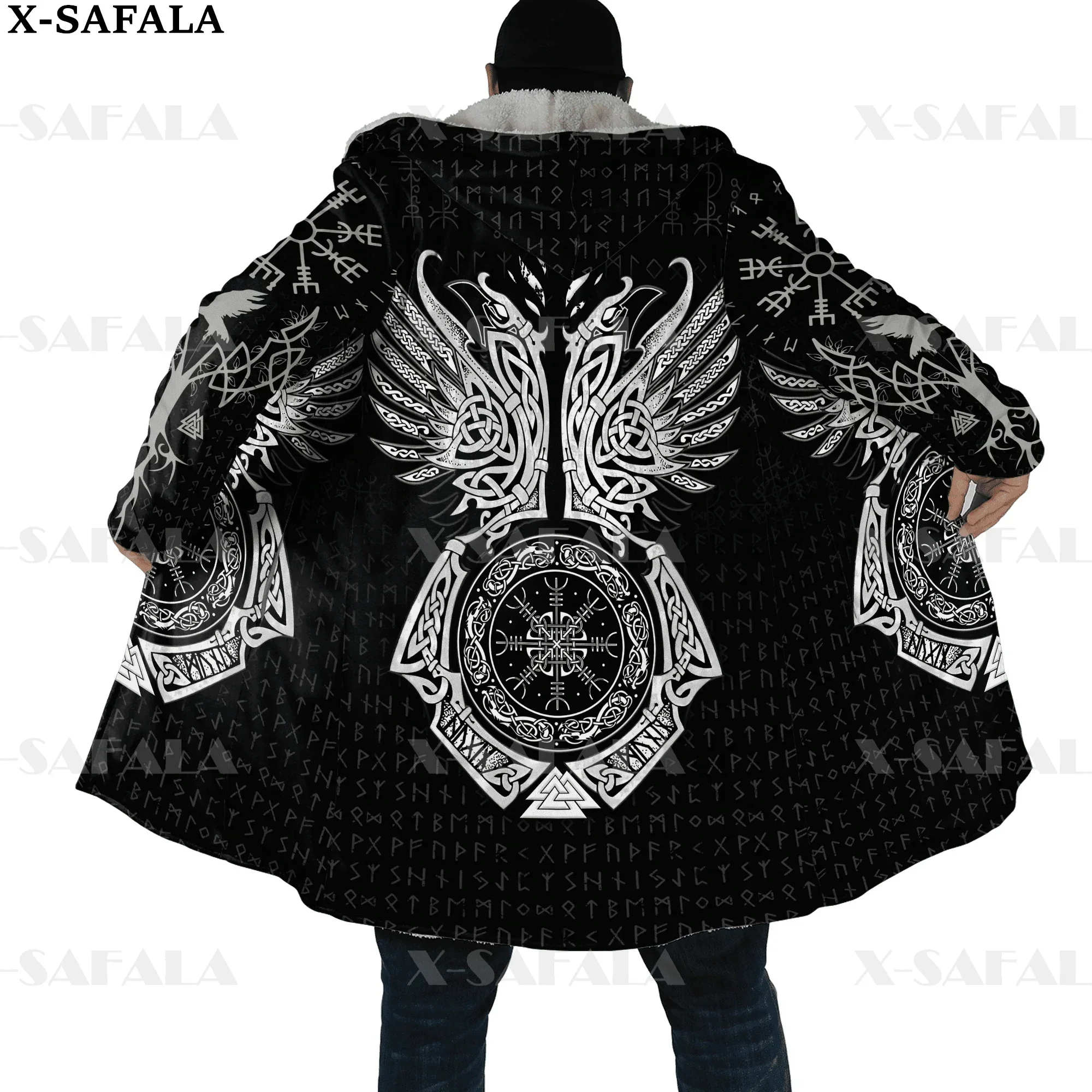 Viking odin tatuagem vegvisir rune raven grosso quente com capuz capa masculina casaco à prova de vento velo capa robe cobertor com capuz-3