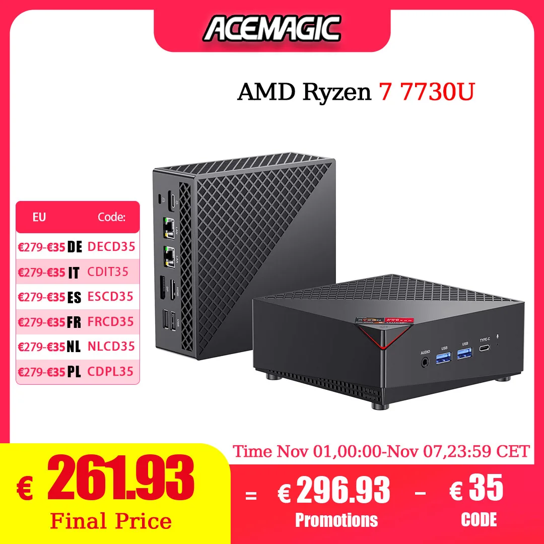 ACEMAGIC Mini PC AMD Ryzen 7 7730U(8C/16T, hasta 4,5 Ghz)Mini computadora 4K Triple Display Mini computadoras de escritorio BT5.2/WiFi 6