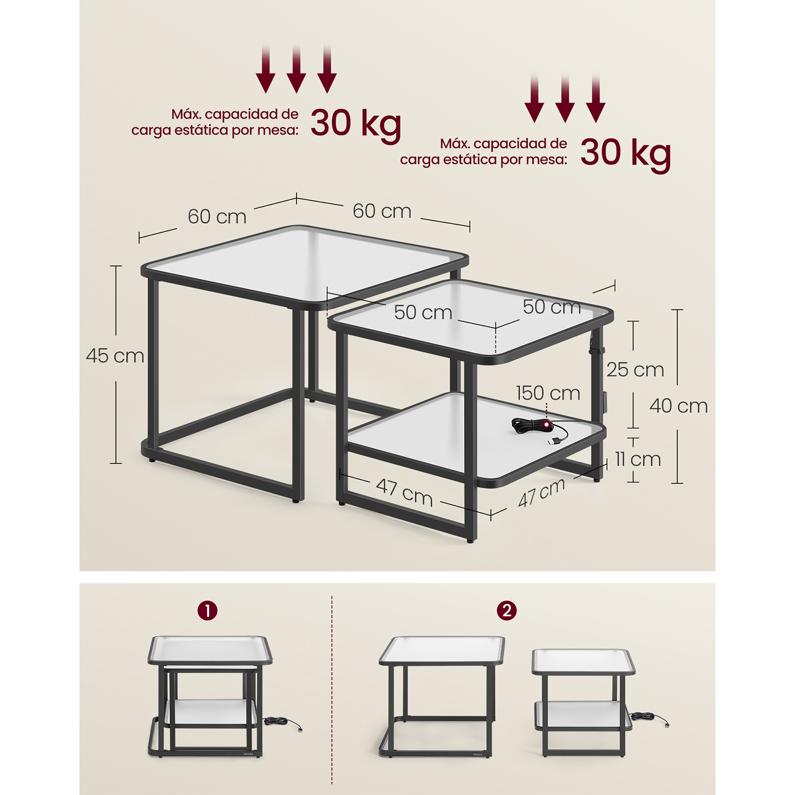 VASAGLE-Juego de 2 mesas de centro de anidación con luces LED, mesas laterales cuadradas modernas, vidrio esmerilado, estante Blanco/negro