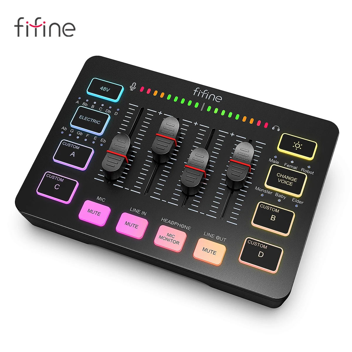 FIFINE Gaming Audio Mixer, Streaming 4-kanaals RGB Mixer met XLR Microfoon Interface, voor Game Voice, Podcast, AmpliGame SC3