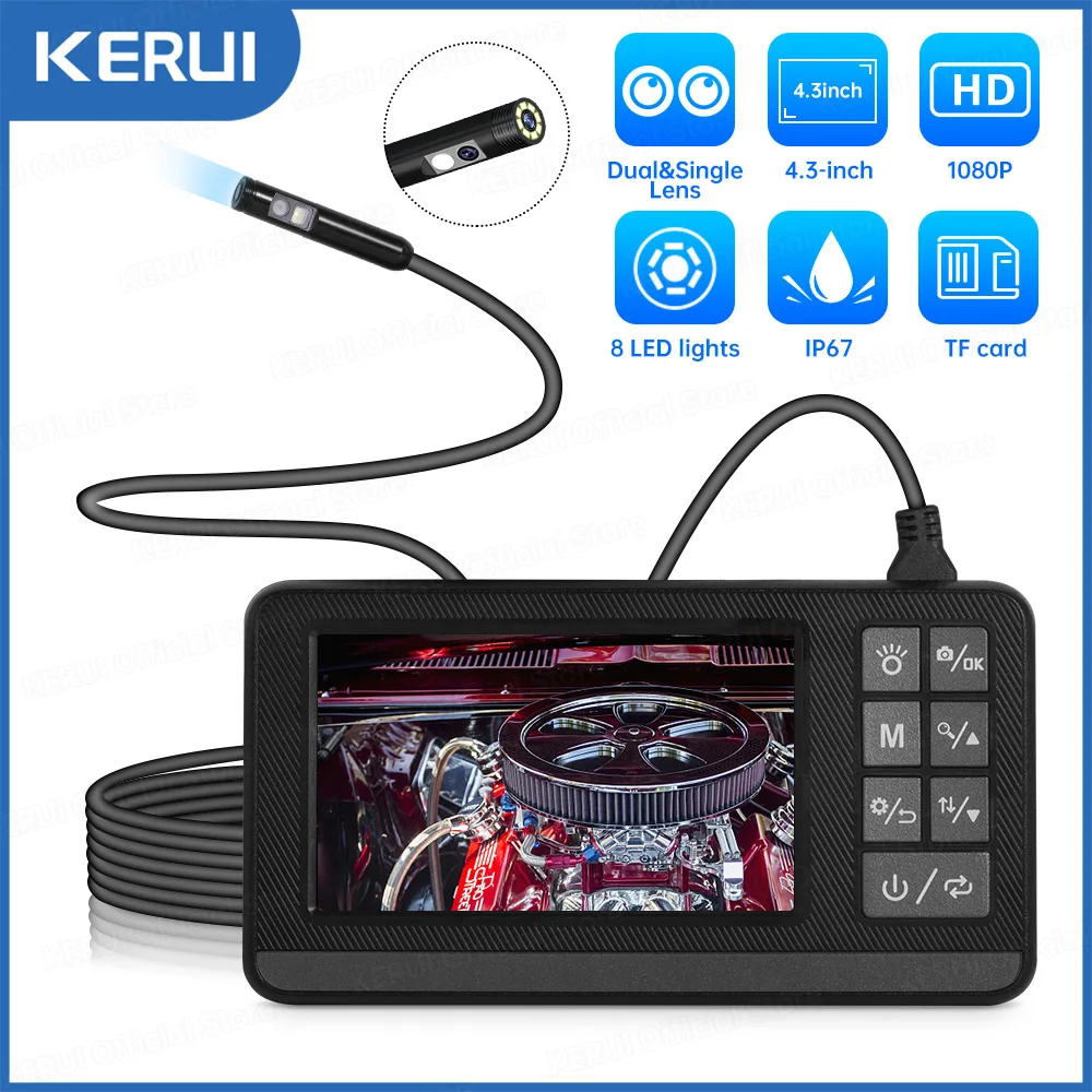 KERUI Dual- und Single-Objektiv-Endoskopkamera mit 1080P 4,3-Zoll-IPS-Bildschirm, IP67, wasserdichtes Endoskop für die Inspektion von Autohren, 2600 mAh