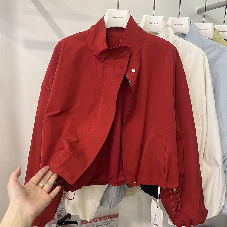 2025 New Red Stand Up Collar Casual Jacket For Women In Spring And Autumn Loose Casual Short And Thin Jacket Top