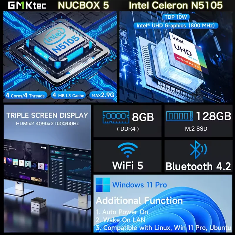 GMKtec KB5 Mini PC Intel Celeron N5105 Windows 11 Pro 4K Mini PC DDR4 8 GB RAM 128 GB ROM WiFi5 BT4.2 Computer desktop Lavoro
