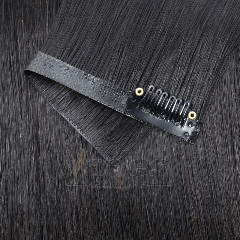 Clipe de trama invisível do plutônio na extensão do cabelo humano clipe injetado na máquina da trama do cabelo remy 12 "-24" 7 pces grampo reto de seda em cabelos