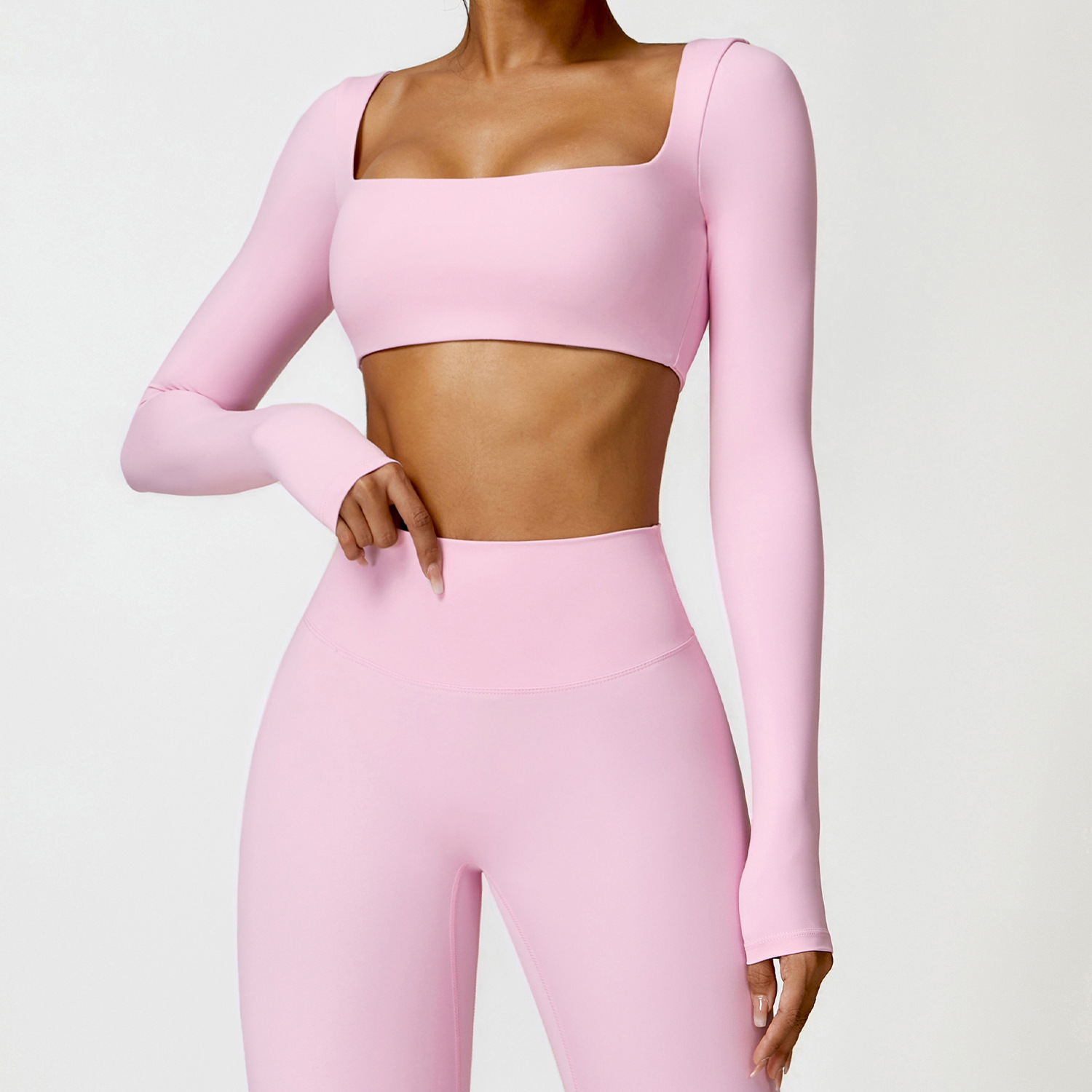 Top transpirable de secado rápido para mujer, Top corto de manga larga elástico con escote cuadrado sexi sin costuras para Yoga, ropa deportiva para gimnasio y correr