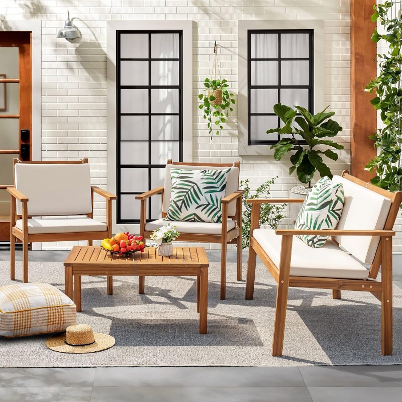 Patio Furniture 4-piece outdoor acacia wood patio conversation sofa set with table and cushion