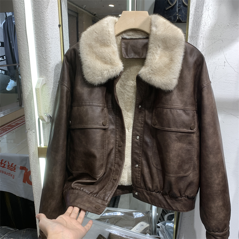Women's Winter Fleece Lined Genuine Leather Jacket Motorcycle Sle Short Coat Rabbit Fur Inner Warm Commuter Straight Cut Top