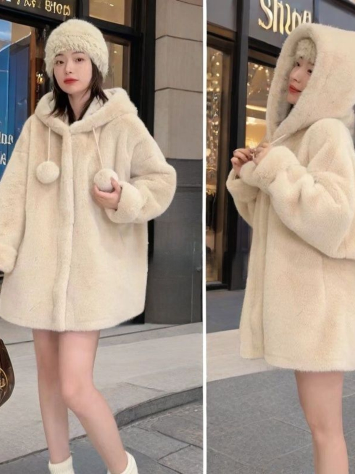Eco-Friendly Faux Leather Long Thickened Hooded Witch Sle Women's Coat Integrated Fur Jacket Street Sle Mid-Length