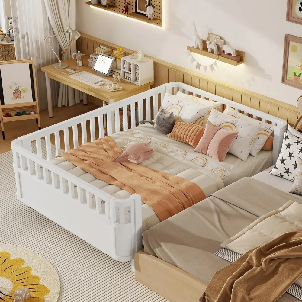 Full Size Wooden Floor Bed, Montessori Platform Bed Frame with Low Profile & Safety Rails, Space Saving Kids Beds for Boys Girls