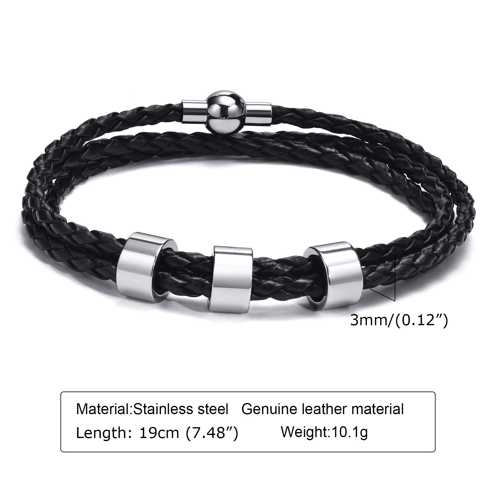 Vnox-pulsera trenzada de cuero genuino para hombre, abalorio de cuentas de acero inoxidable con nombre personalizado gratis, regalo para papá