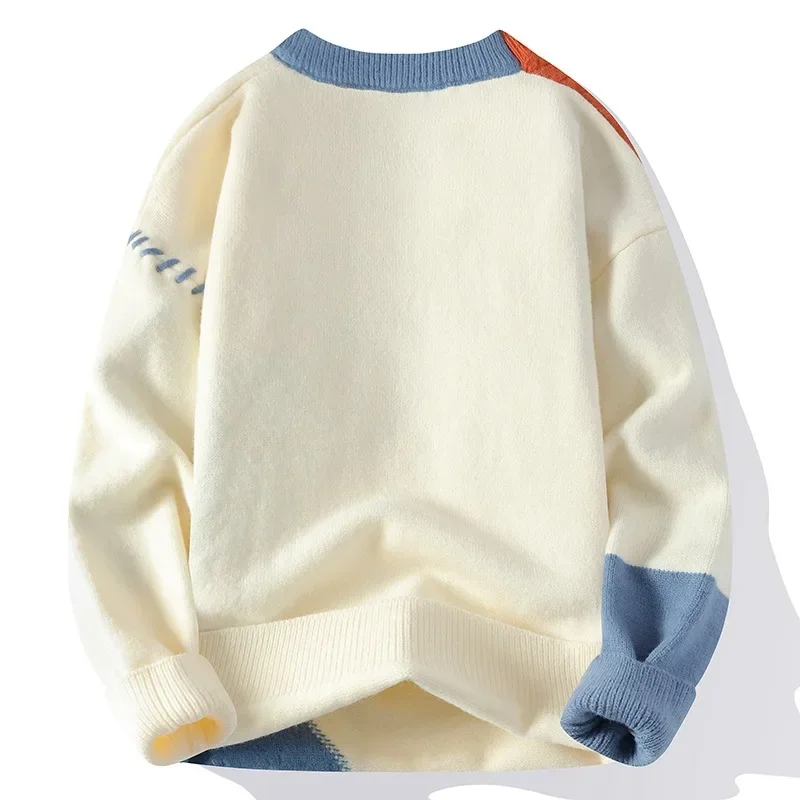 Herren-Strickpullover, Patchwork-Pullover, O-Ausschnitt, Pullover, gespleißt, Langarm-Pullover, leicht dehnbar, Standardwolle, 2024, lässig