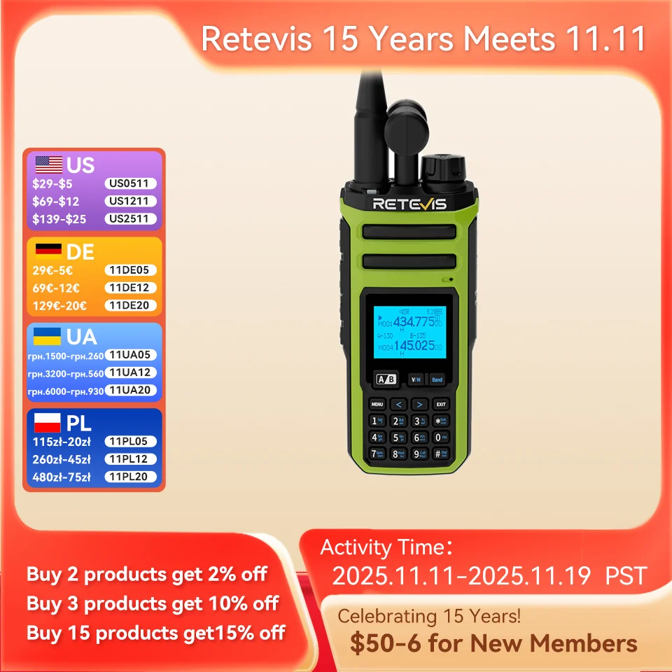 Retevis A3 Amateurfunk Quad Band Walkie Talkie UHF VHF HF Dual Receive Transmit VOX 2500 mAh Lange Akkulaufzeit 999 Kanäle CB Radio