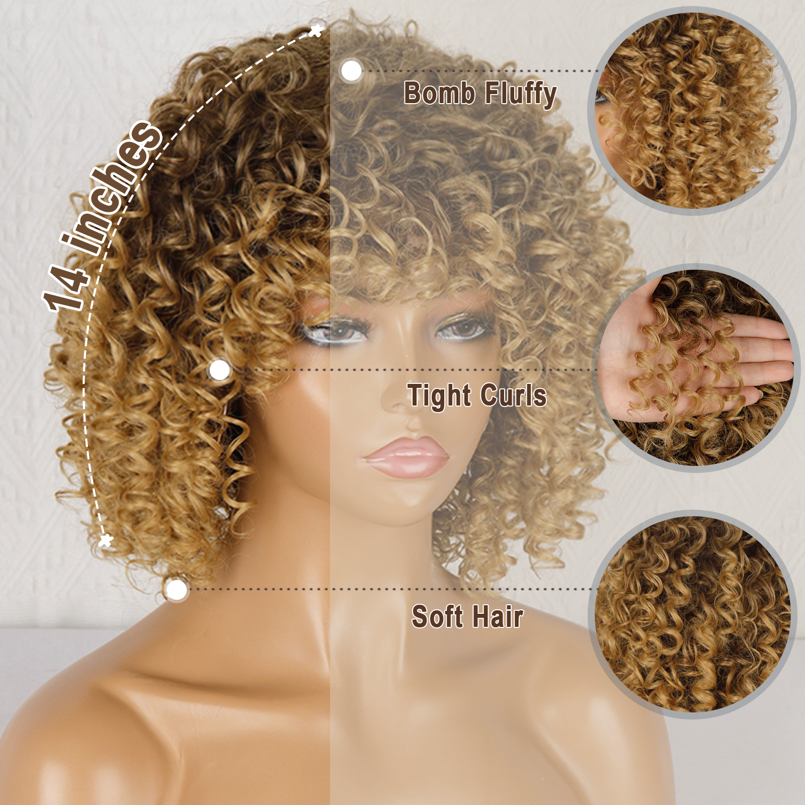 สั้นสั้นหยิกสีบลอนด์วิกผมผู้หญิง Afro Kinky Curly วิกผมสังเคราะห์ธรรมชาติ Glueless Ombre สีน้ำตาลสีบลอนด์คอสเพลย์วิกผม